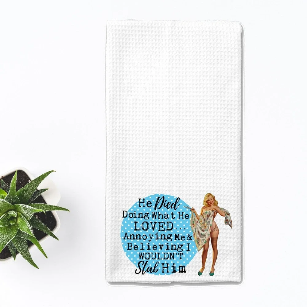 Funny Retro Pinup Waffle Weave Kitchen Towel White Blue Polka Dot Snarky Decor